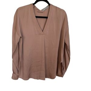 Vince. Women’s Tan Long Buttoned Sleeve Deep V-Neck Silk Blend Blouse Sz 2 GUC